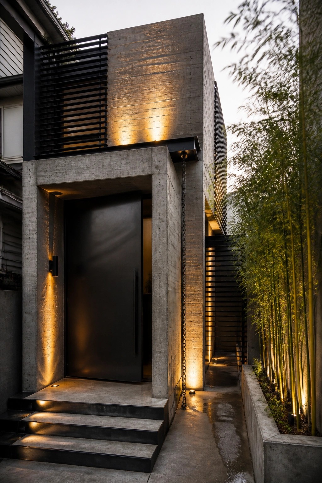 A modern concrete house exterior features a recessed dark metal door with integrated lighting, concrete steps, and tall bamboo plants along the side path.