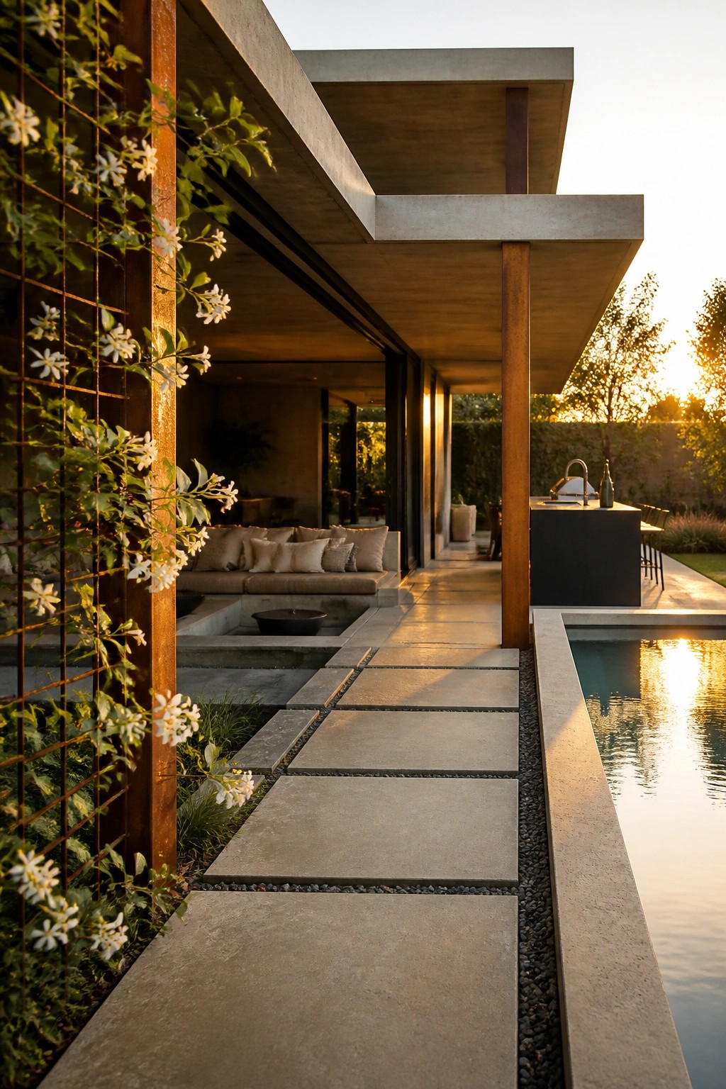 Modern outdoor patio with large concrete pavers leading past a steel support column to a pool, with an outdoor kitchen and built-in seating visible in the background.