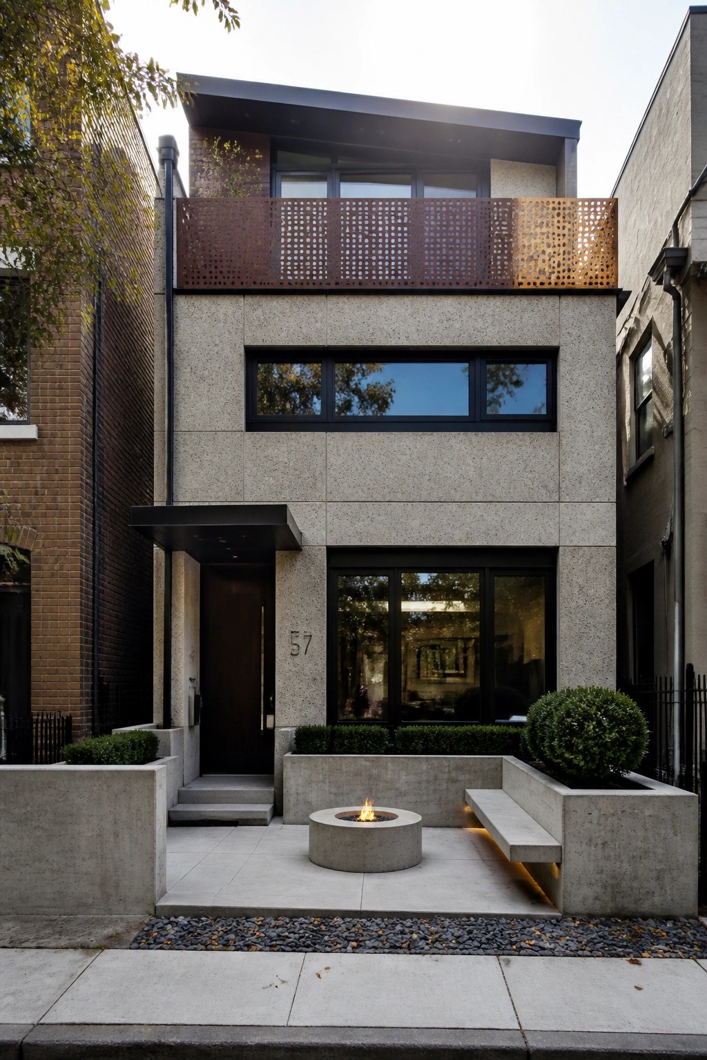 A front view of a modern multi-story house with a textured concrete facade, black-framed windows, a dark entry door, a perforated metal balcony railing, and a concrete fire pit in the paved entry area.