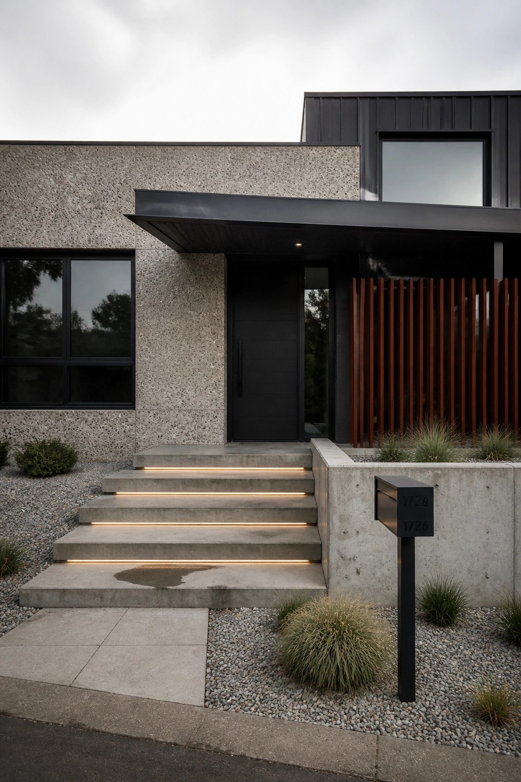 Modern house exterior with concrete steps that have integrated linear lighting, a black front door, and a black mailbox on a post.