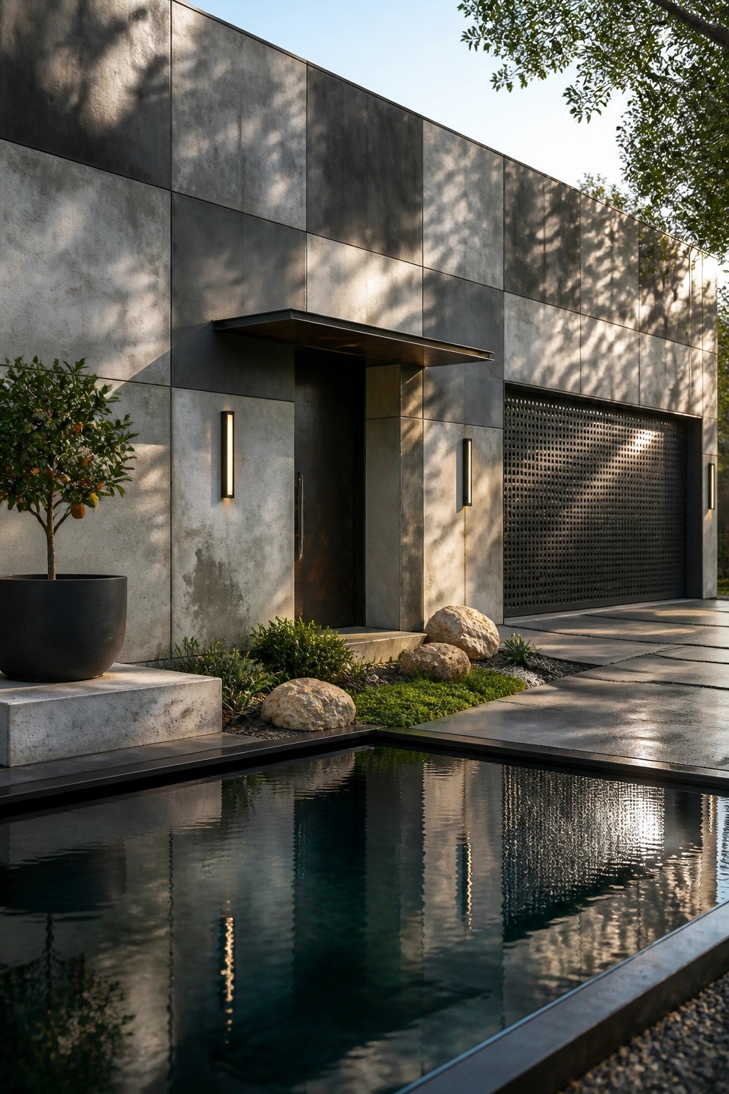 Modern house exterior with large gray concrete panels, a dark metal entry door under a small overhang flanked by vertical lights, a perforated steel garage door, rocks and plants at the base, and a reflecting pool in the foreground.