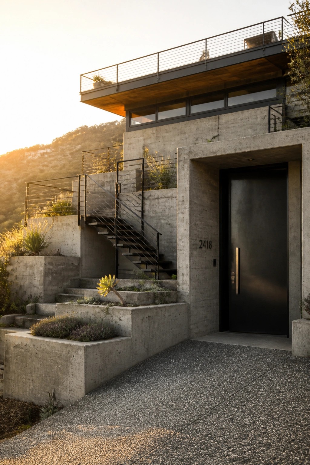 A modern concrete house with a black metal entry door, external staircase, and rooftop terrace railing.