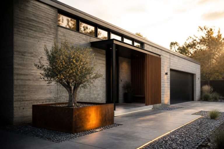 Modern concrete house exterior with black door, vertical wood slats beside the entrance, rusted metal planter, and concrete driveway.