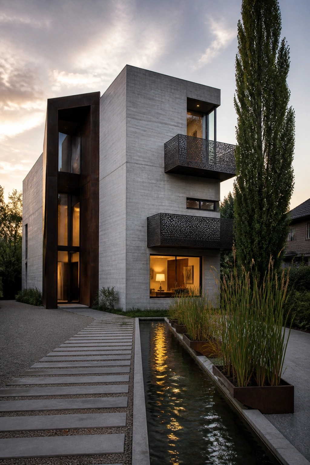 Modern concrete house with illuminated windows, metal balconies, and reflecting water channel at dusk.