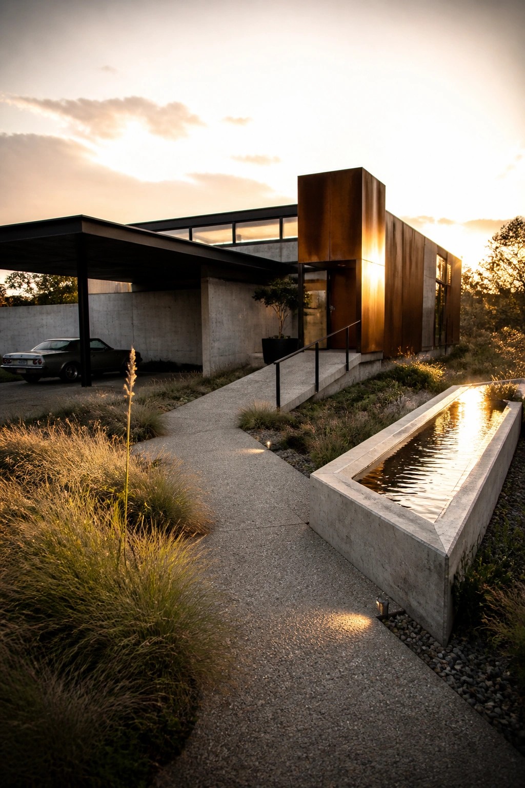 A modern house exterior with concrete walls, rusted steel panels on a tall section, a concrete path, and a long rectangular water feature at the edge of the walkway.