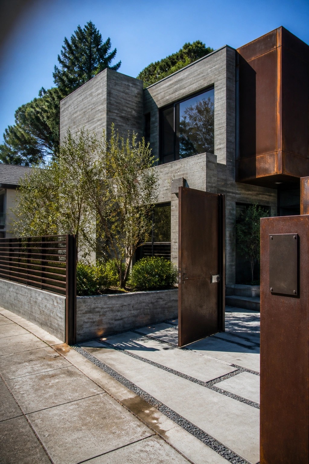 Modern concrete house exterior with an open rusted steel gate and metal accents along a paved walkway.