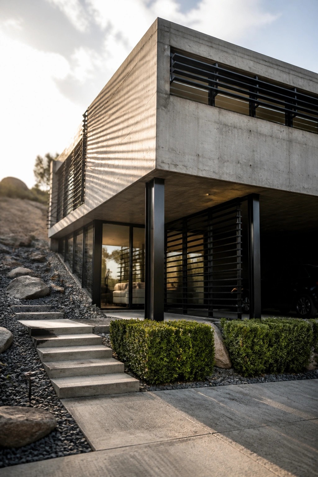 A modern two-story concrete house with black steel columns, horizontal louvers, and large windows, set on a rocky hillside with concrete steps and green shrubs at the base.