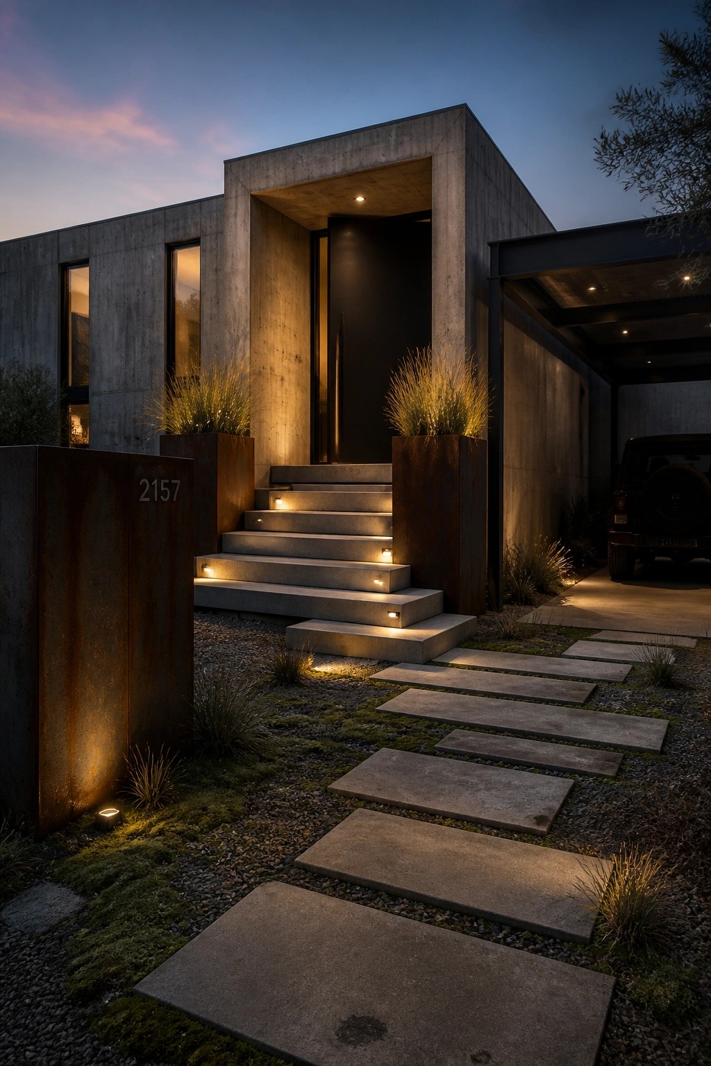 Modern concrete house with illuminated stairs, stone path, and rusted metal accents at dusk