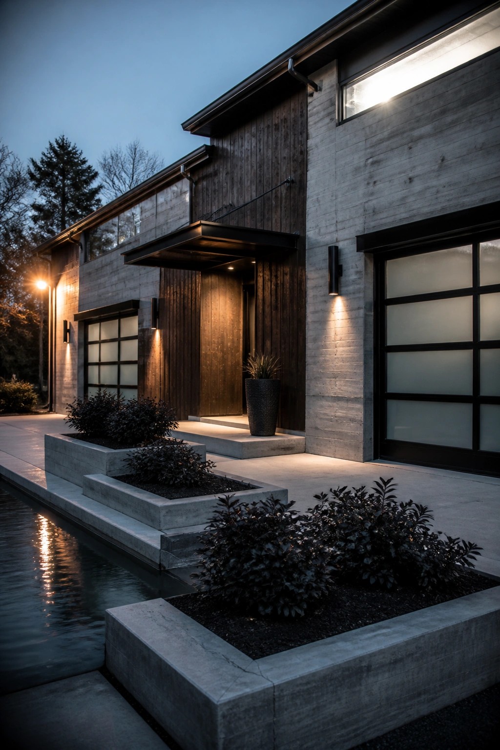 Modern concrete-and-wood house entrance with lit planters, water feature, and glowing lights at dusk