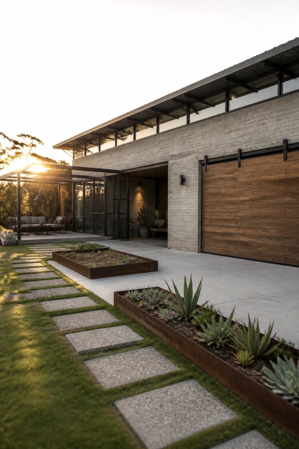 A modern concrete house exterior with a large wooden sliding door on black steel tracks and raised rusted metal planters along a stone paver path.