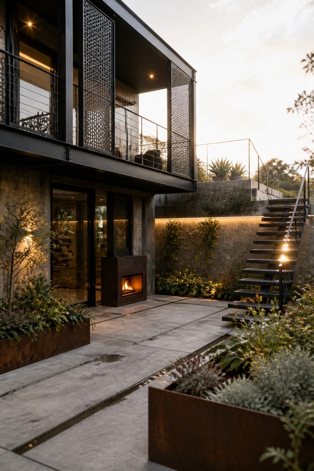 Modern industrial house exterior with concrete walls, black steel framing, perforated metal screens, an outdoor steel fire pit on a concrete patio, metal planters, and a steel staircase.