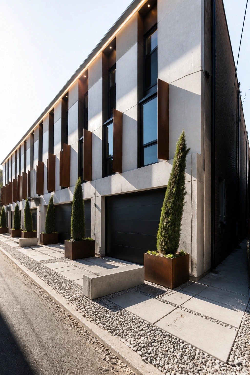 A modern industrial building exterior with light gray concrete panels, vertical steel accents in dark and rusted finishes, black windows, and concrete planters holding tall evergreen trees along the front.