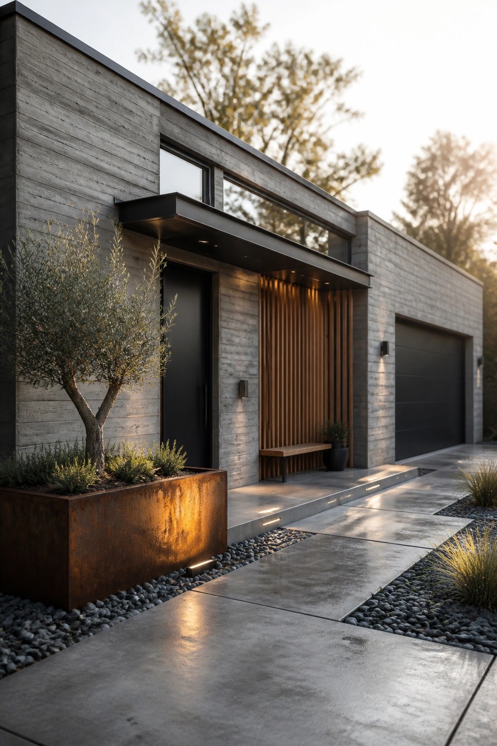 Modern concrete house exterior with black door, vertical wood slats beside the entrance, rusted metal planter, and concrete driveway.