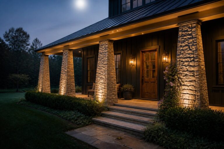 A house exterior at dusk with stone columns on a porch illuminated by uplights, stone steps, and a wooden front door.