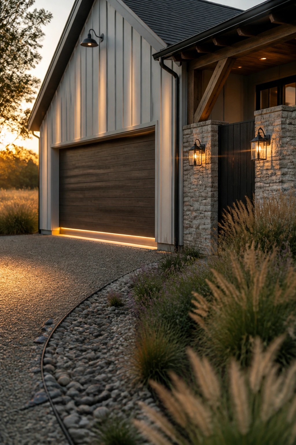 Modern house exterior at dusk featuring a dark wood garage door, light gray siding, stone pillars with wall sconces, and a continuous strip of base lighting along the foundation next to a gravel path.