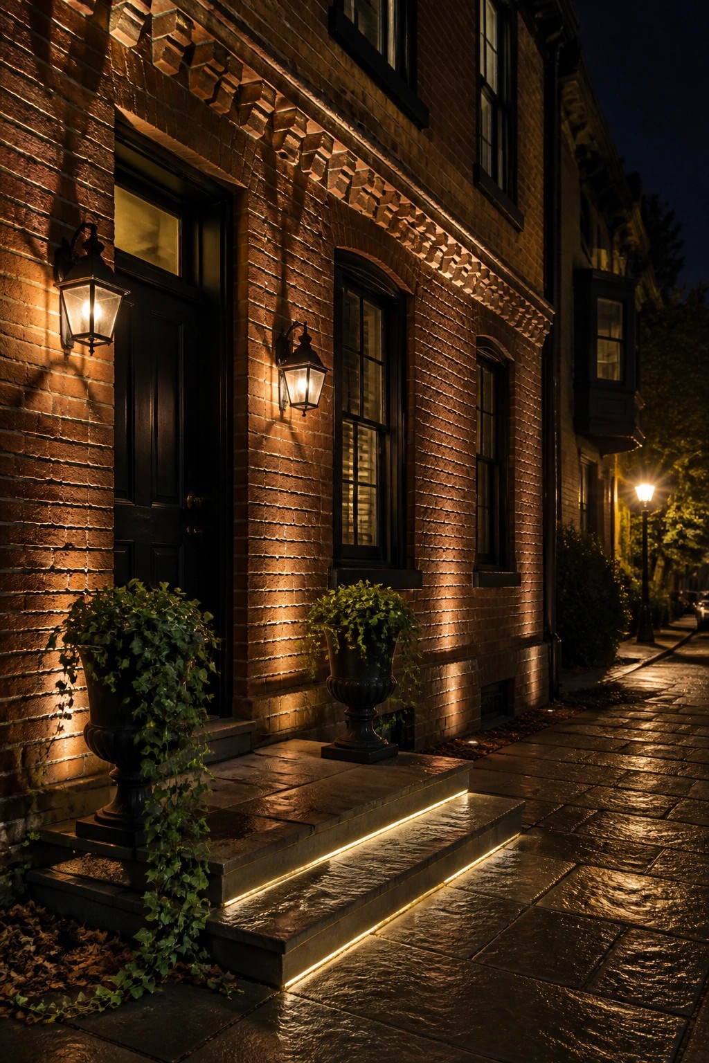 A nighttime view of a brick house entrance with two black wall lanterns, two large potted plants on the steps, and glowing LED strips along the edges of the stone steps.