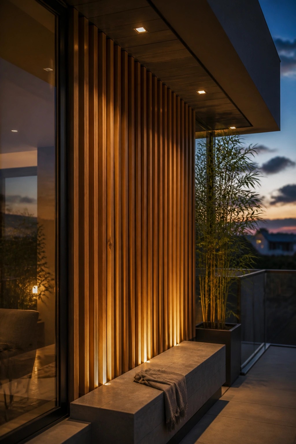 A modern outdoor balcony shows a long concrete bench placed against a wall of vertical wood slats lit from below by low fixtures, with large glass doors on the left and potted bamboo plants on the right at dusk.