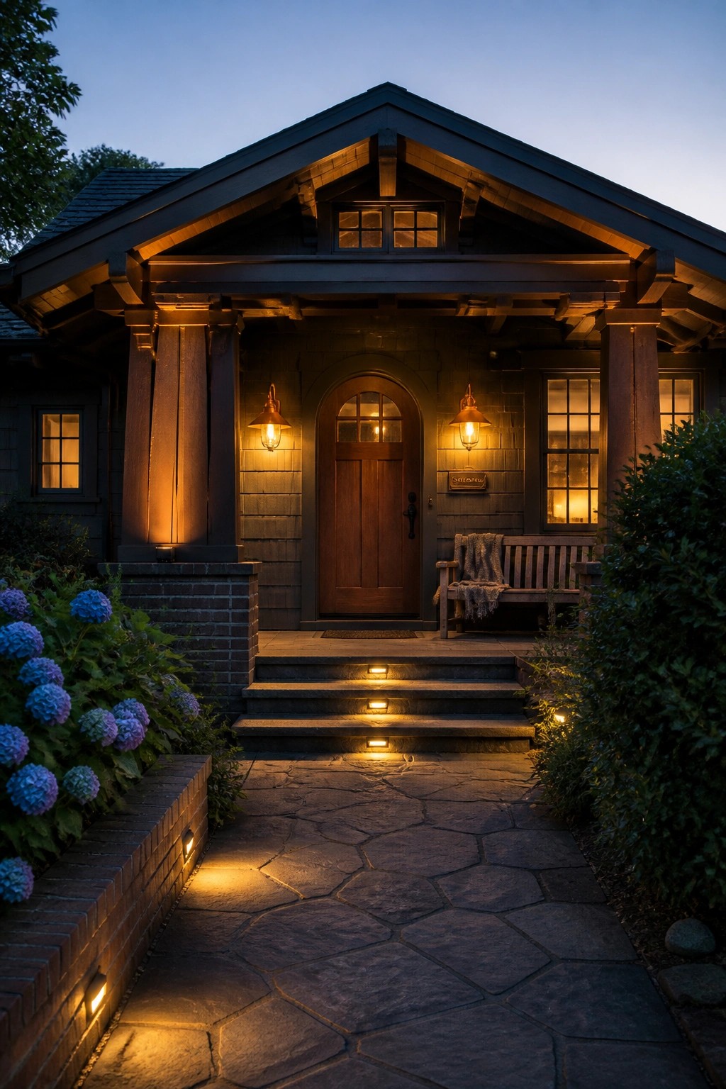 A Craftsman-style house at dusk with warm sconces flanking the front door, small lights on the stone steps, and low path lights along a flagstone walkway.