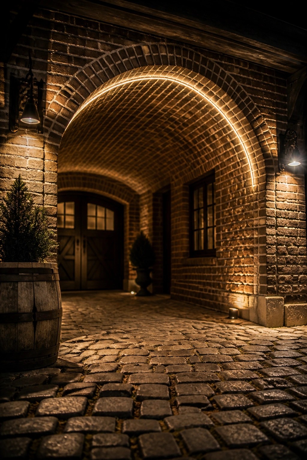 A brick arched entryway at night with a continuous warm LED strip light following the curve of the arch above a cobblestone path.