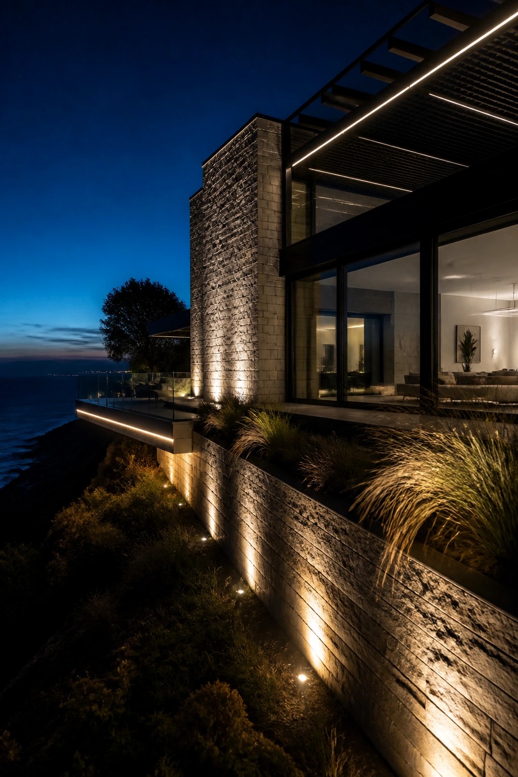 A modern house at night with linear LED strips lighting the stacked stone exterior walls and landscaping on a cliffside.