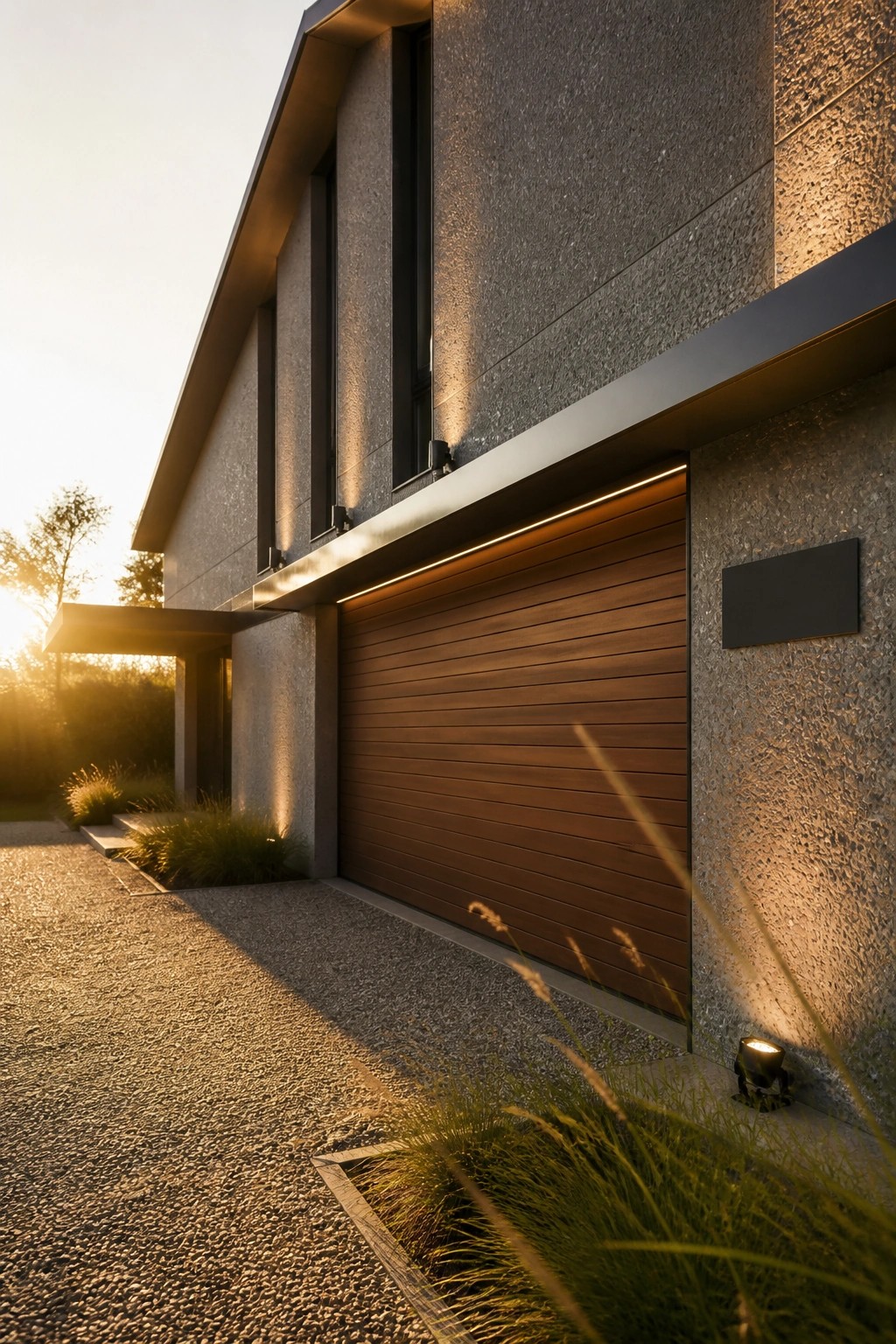 Modern house exterior at dusk showing a wooden garage door, textured gray walls, and a continuous linear light strip under the overhang above the door.