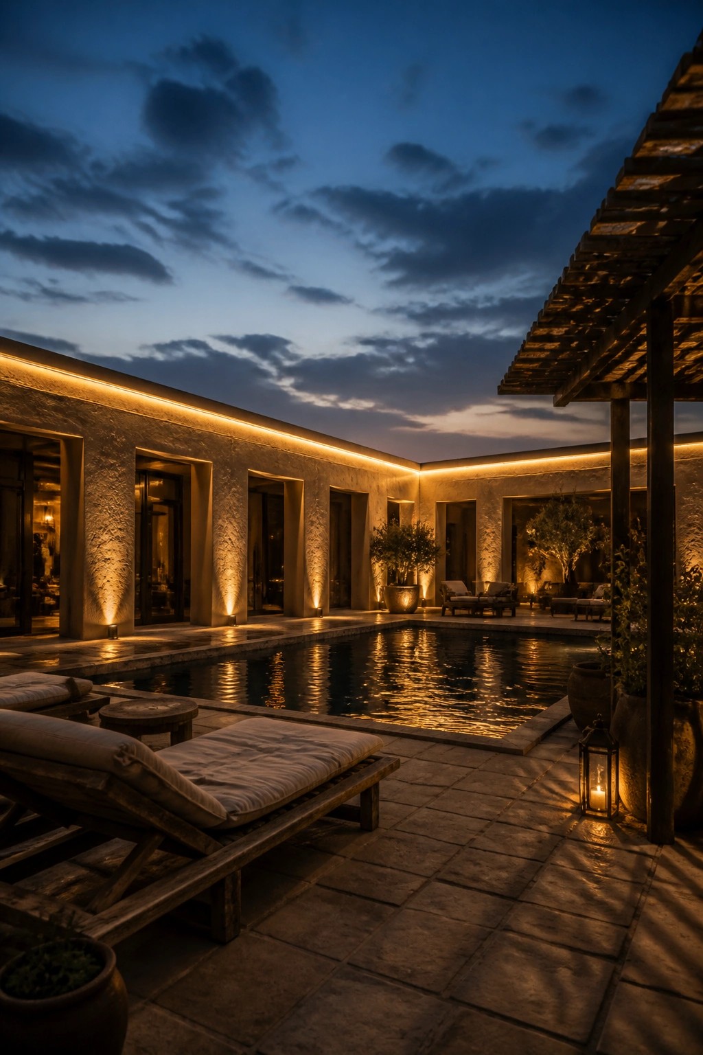 A nighttime courtyard with a rectangular pool surrounded by a stone building, wooden lounge chairs on the patio, and warm linear lighting running along the upper edges of the walls.