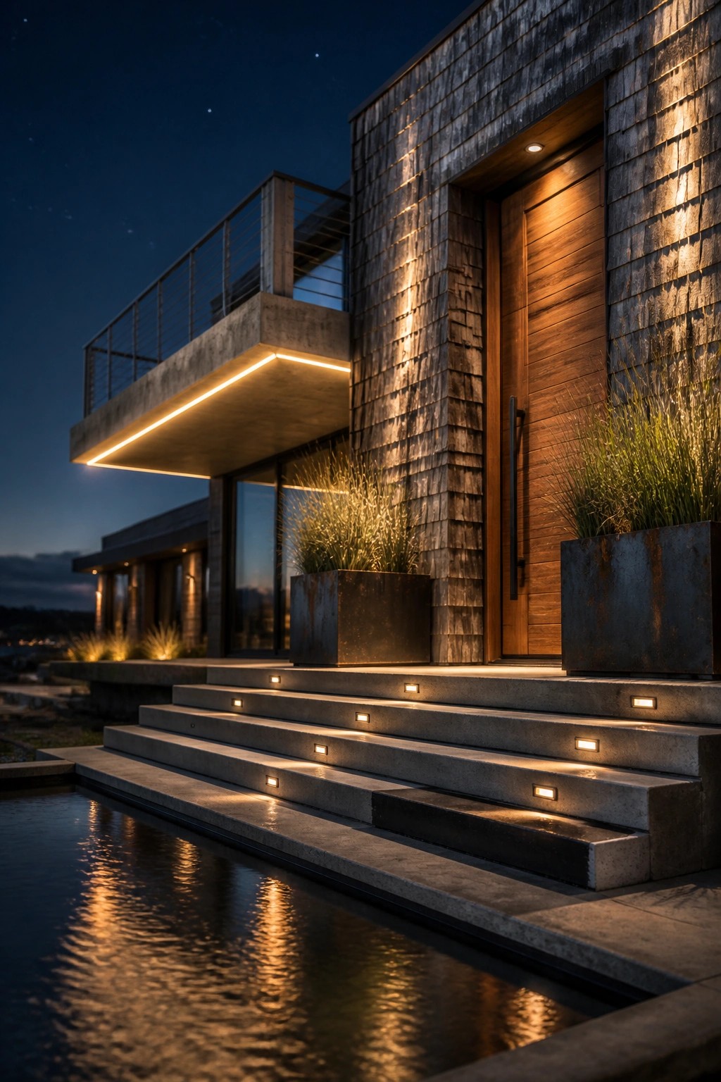 Modern house exterior at night showing concrete steps with small recessed lights, a wooden front door, and metal planters with tall grasses.