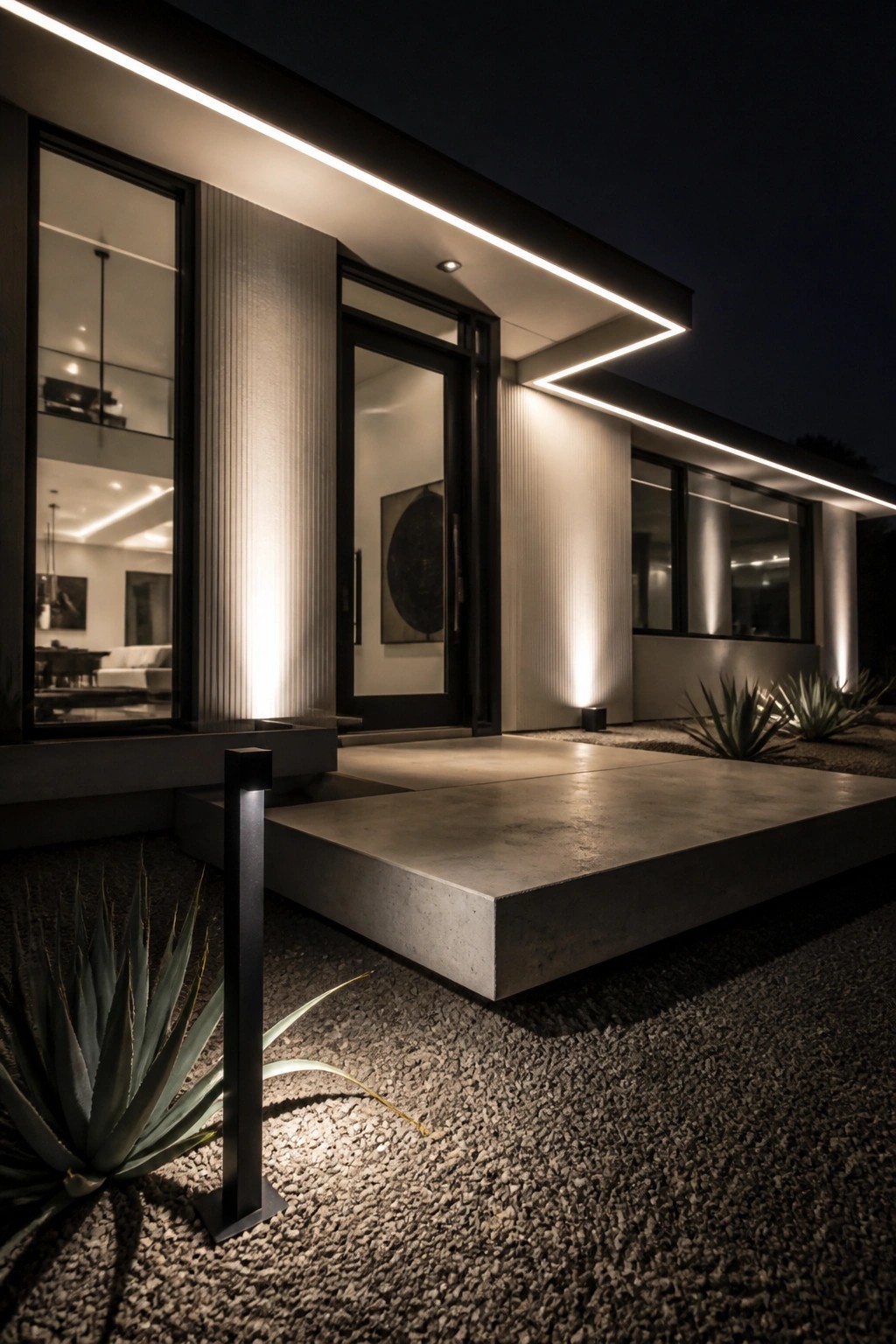 Modern house exterior at night with continuous linear LED lighting along the roof overhang and textured wall panels, concrete entry steps, and agave plants in gravel.