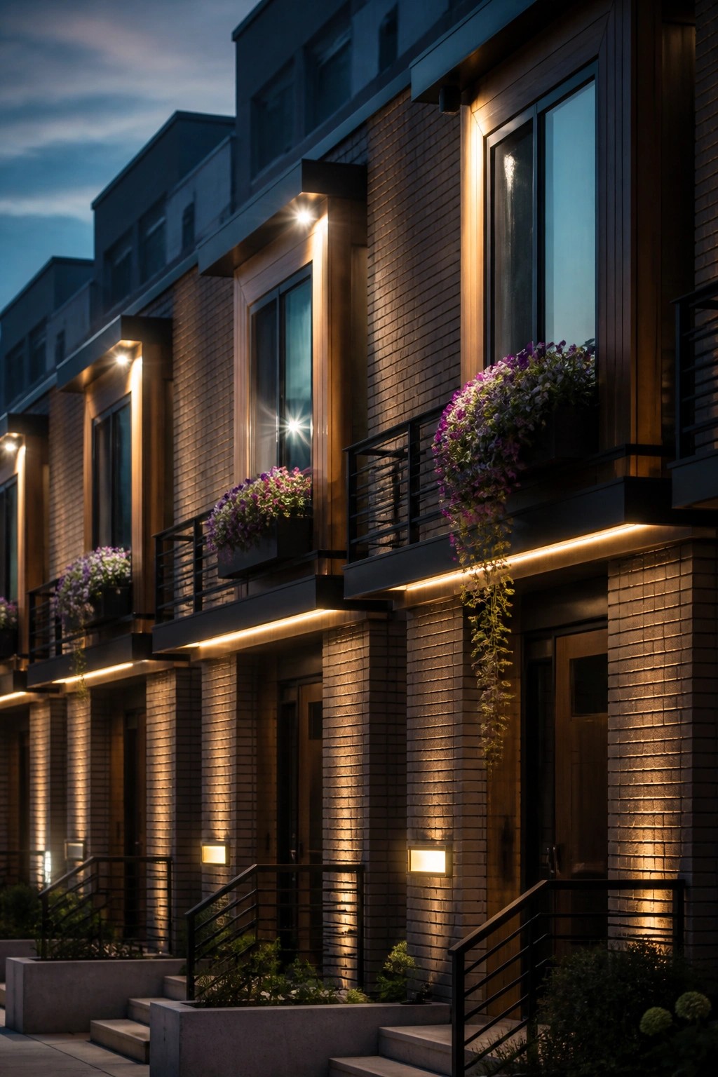 Row of modern brick townhouses at dusk with warm linear lighting under balconies and around windows and doors.