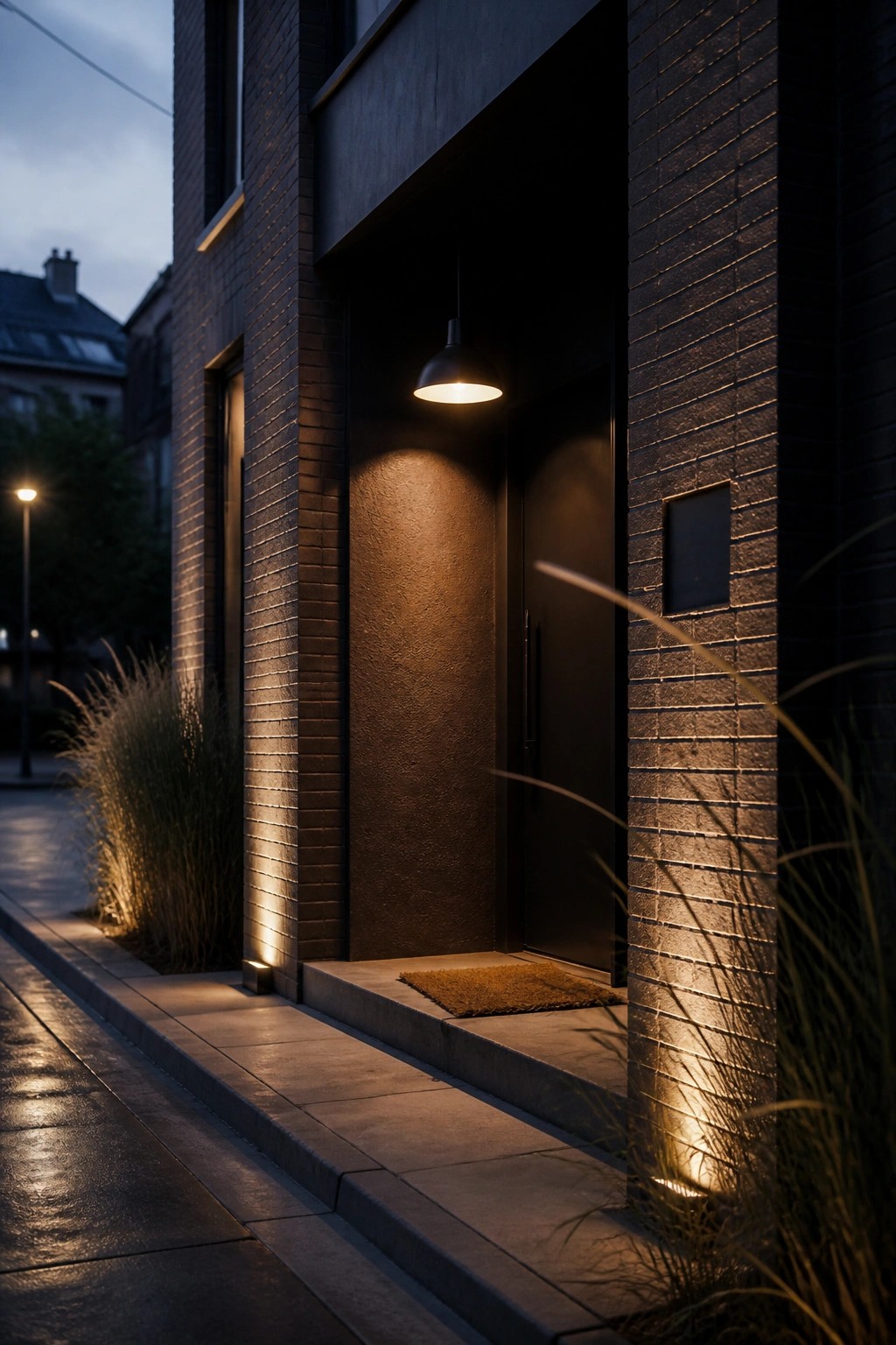 A modern brick building entrance at dusk featuring a black door, overhead pendant light, ground lights along the walls, and a small doormat on the steps.