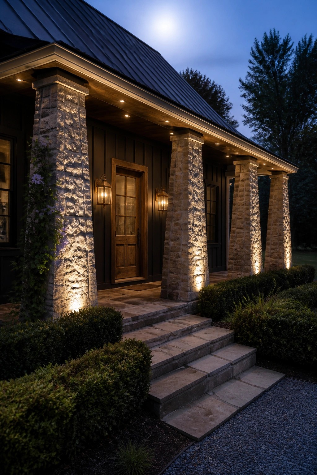 A house exterior at dusk with stone columns on a porch illuminated by uplights, stone steps, and a wooden front door.