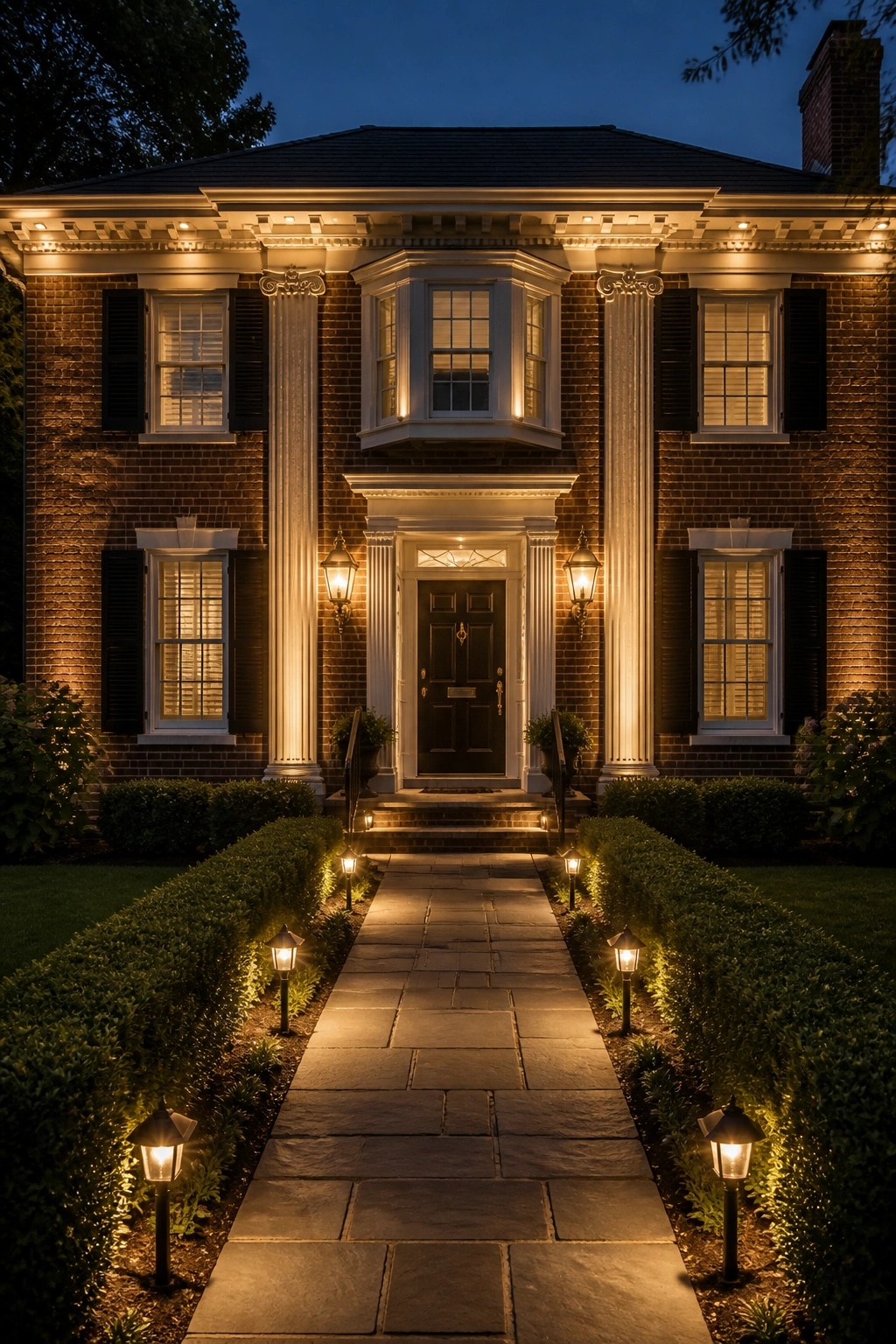 Illuminated brick mansion with columns and bay window along lantern-lined stone path at night