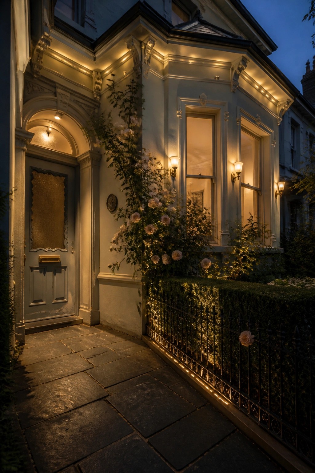 Illuminated light blue house entrance with pink climbing roses and stone steps at dusk