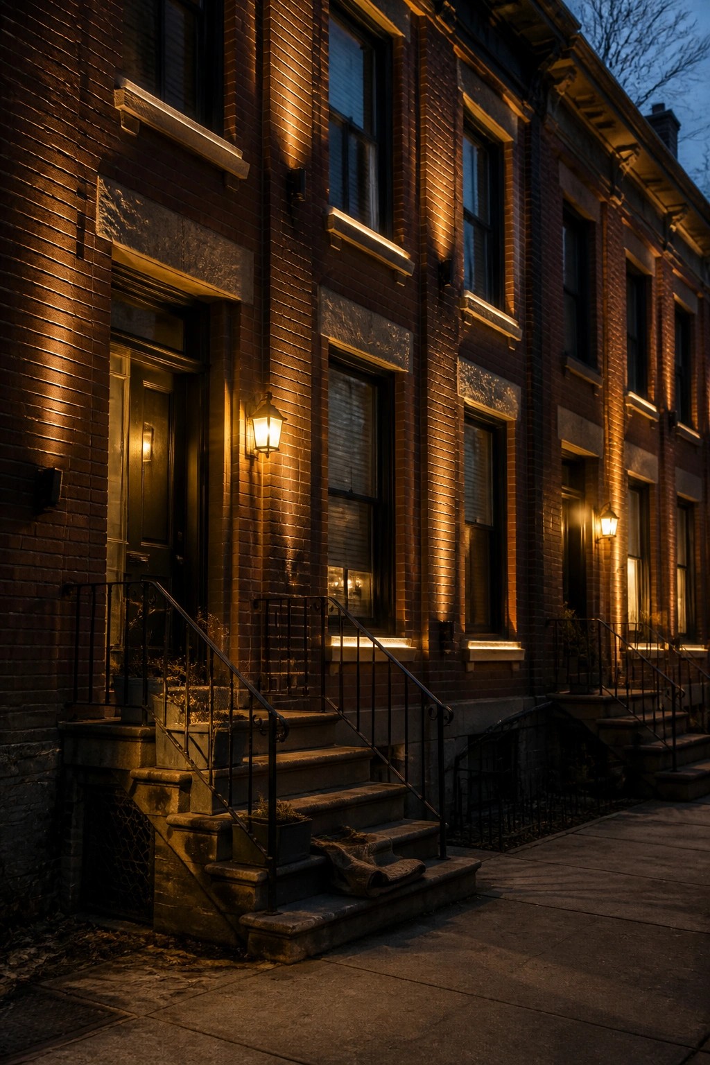 Brick row houses with glowing lights, stone steps, and iron railings at dusk