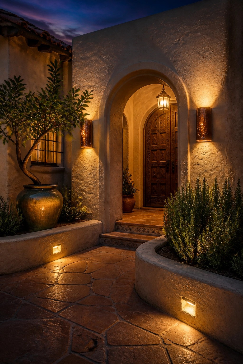 A nighttime view of a stucco house entrance with an arched doorway, wooden double doors, wall sconces on both sides, and low lights along the stone path and planters.