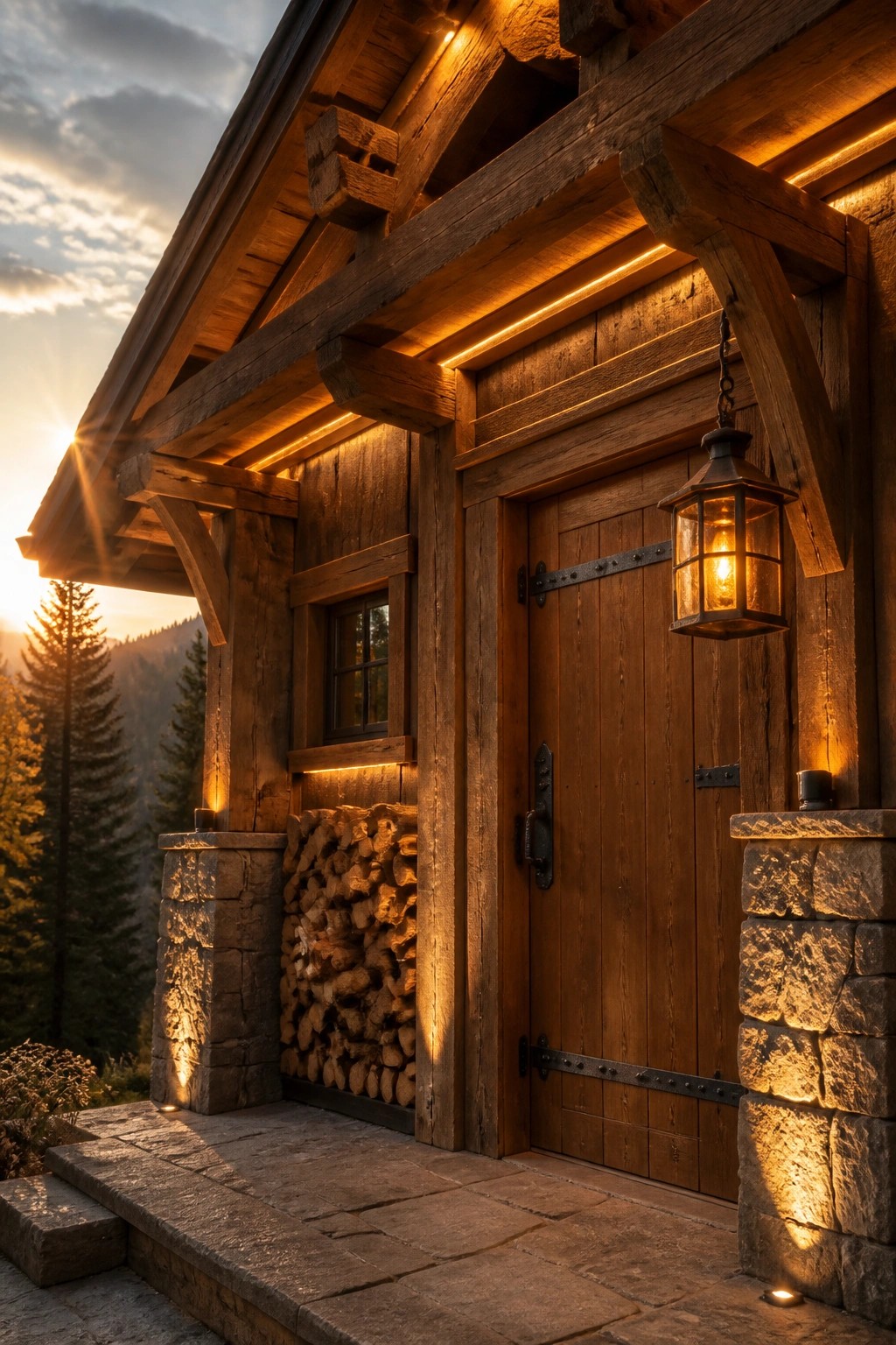 A wooden cabin entrance with a solid door, hanging lantern, stacked firewood, and stone pillars lit by warm exterior lights at dusk.