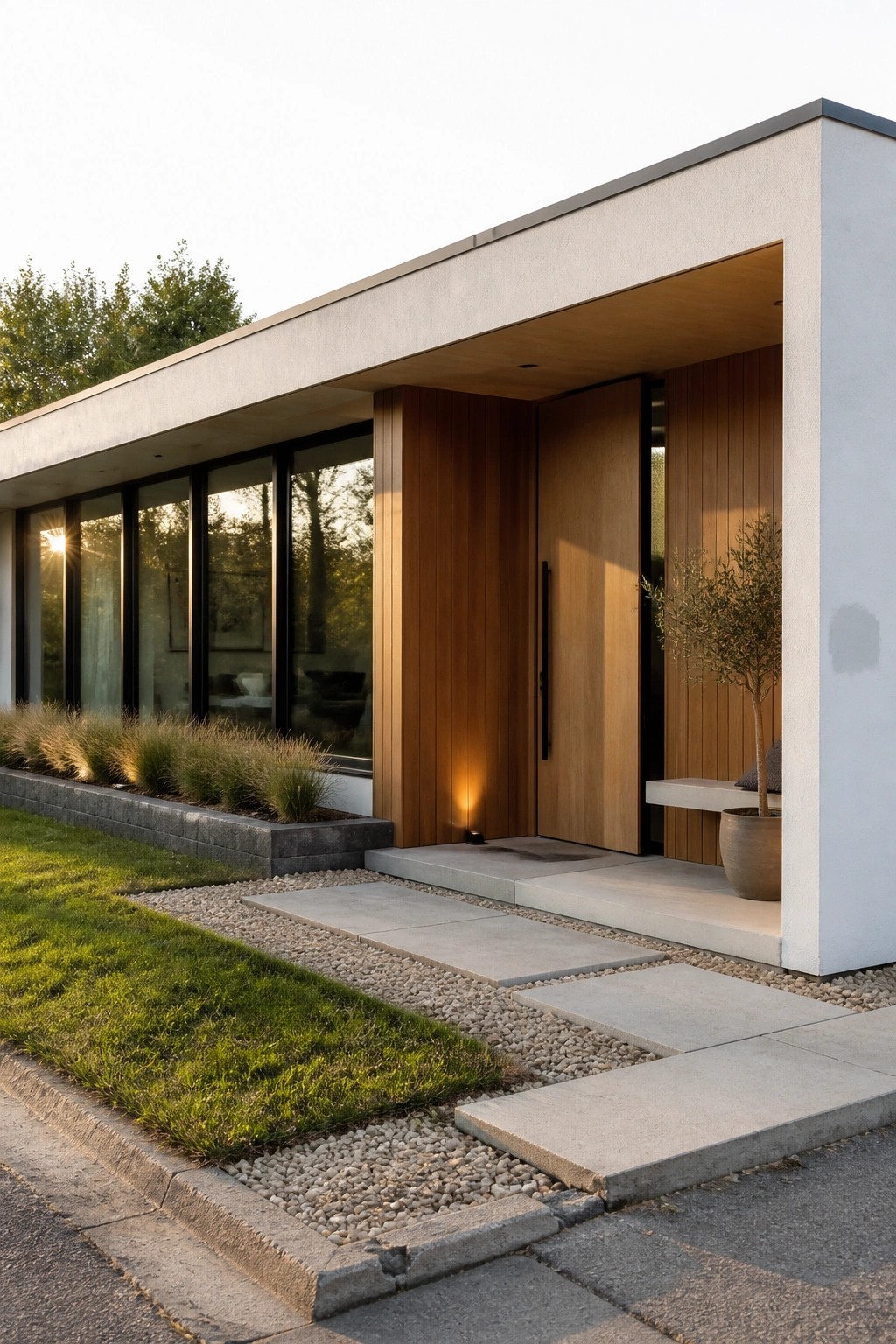 Modern flat roof house exterior showing a wood-paneled entry with a single door, large black-framed windows, concrete steps, and a gravel path bordered by grass and low plants.