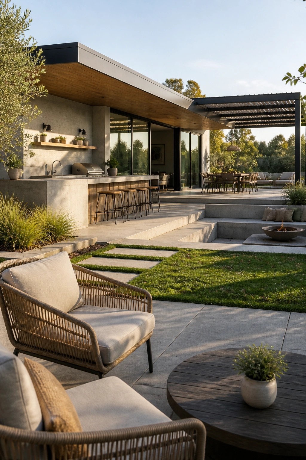 Modern flat-roof house with concrete outdoor kitchen, bar stools, dining area under pergola, lawn, and fire pit on a patio.