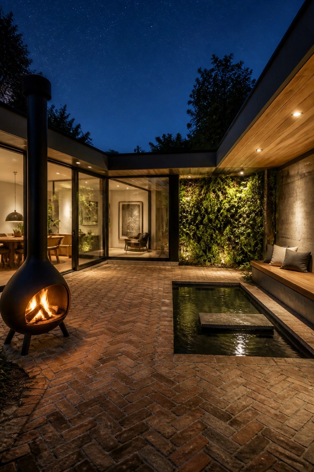 A nighttime view of a modern courtyard with a lit outdoor fireplace on herringbone brick paving, a small rectangular pool, a green living wall, and large glass doors opening to the house.