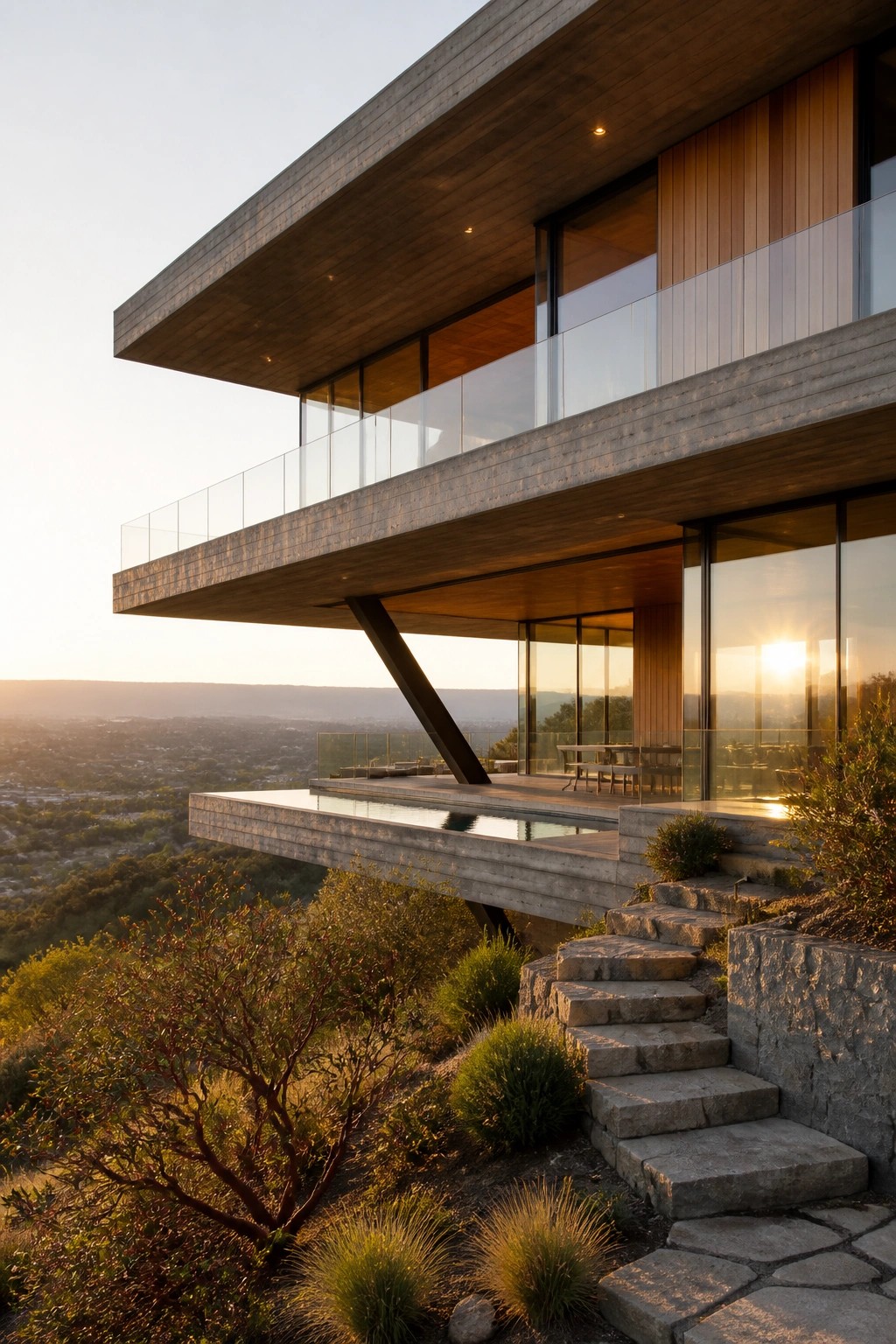 Modern concrete house with a flat cantilevered roof, wood accents, large glass walls, and a pool deck on a hillside at sunset.