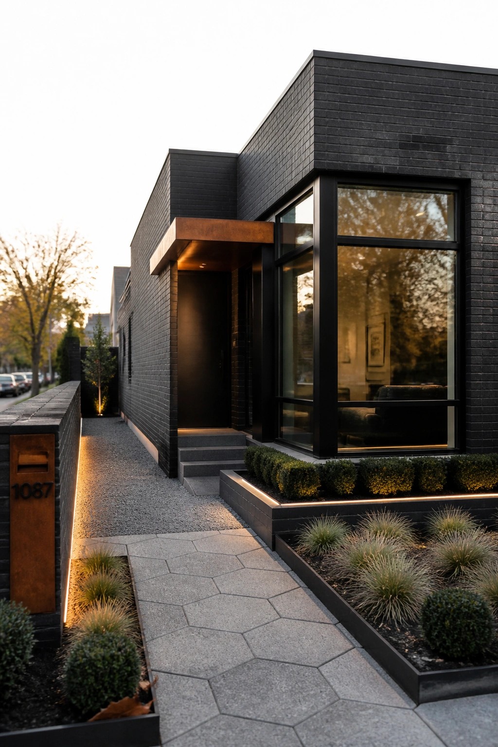 Modern black brick house with flat roof, copper entry overhang, dark door, and large windows beside a stone and gravel walkway with planted beds.