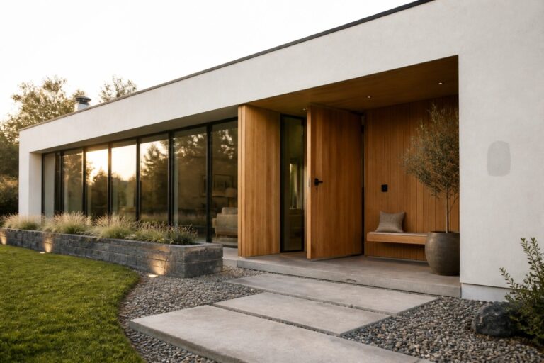 Modern flat roof house exterior showing a wood-paneled entry with a single door, large black-framed windows, concrete steps, and a gravel path bordered by grass and low plants.