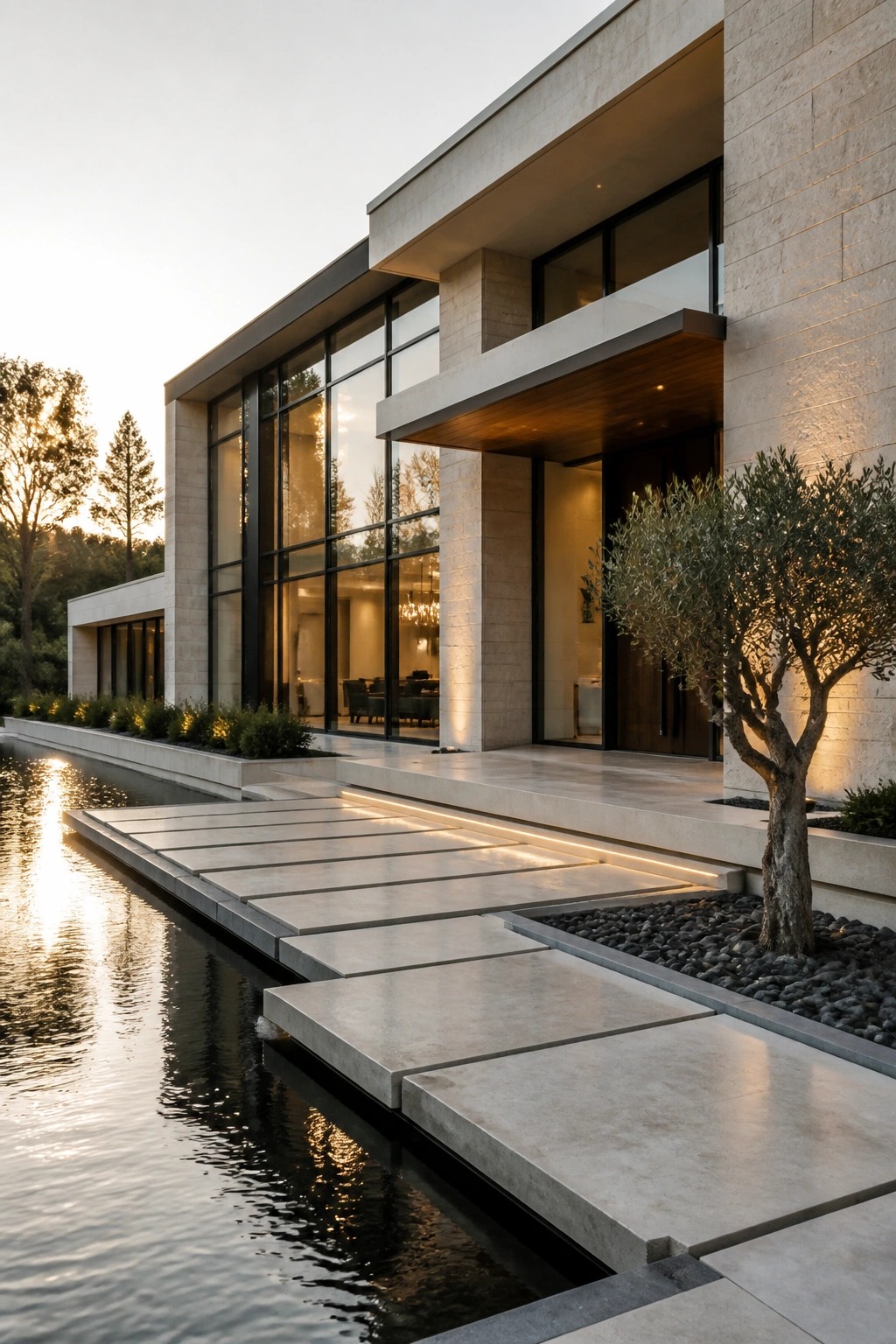 Modern flat roof house with light stone walls, large windows, a cantilevered overhang at the entrance, and concrete steps over water leading to dark double doors.