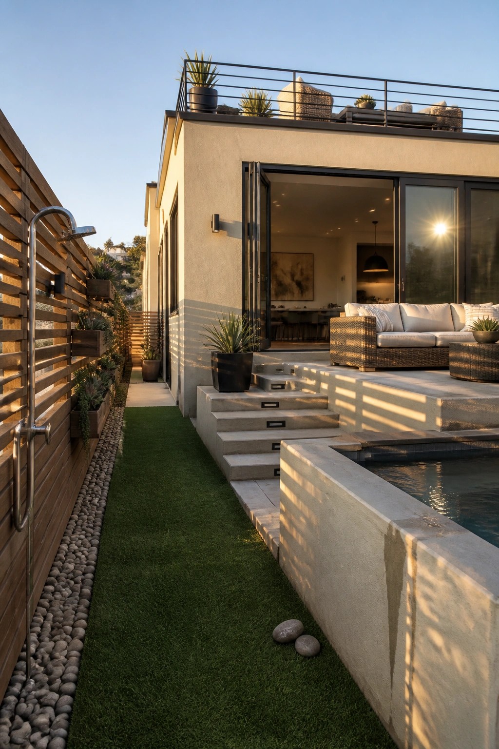 Modern flat-roof house with rooftop terrace, potted plants, and railing above a patio with pool, concrete steps, and open sliding glass doors.