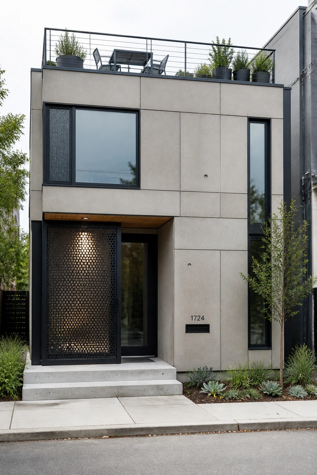 A modern two-story house with a flat roof, light concrete facade, large black-framed windows, and a rooftop terrace with railing, seating, and potted plants.
