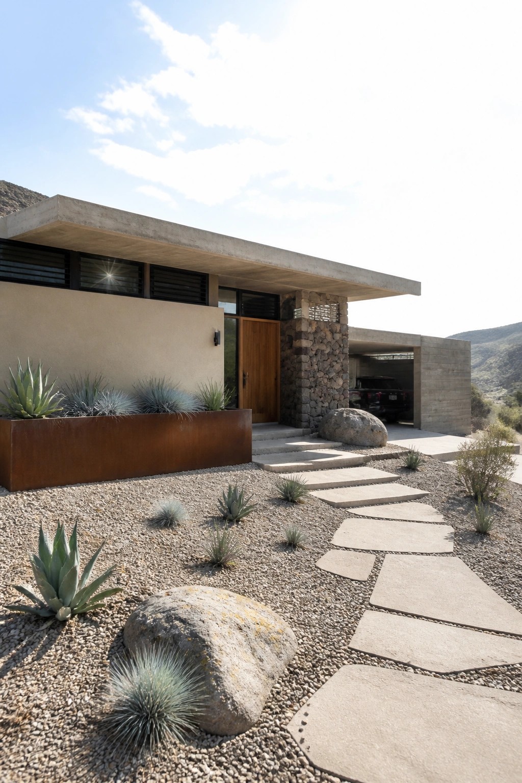 A modern flat-roof house with a wide concrete overhang, wooden door, stone column, and gravel yard with stepping stones.