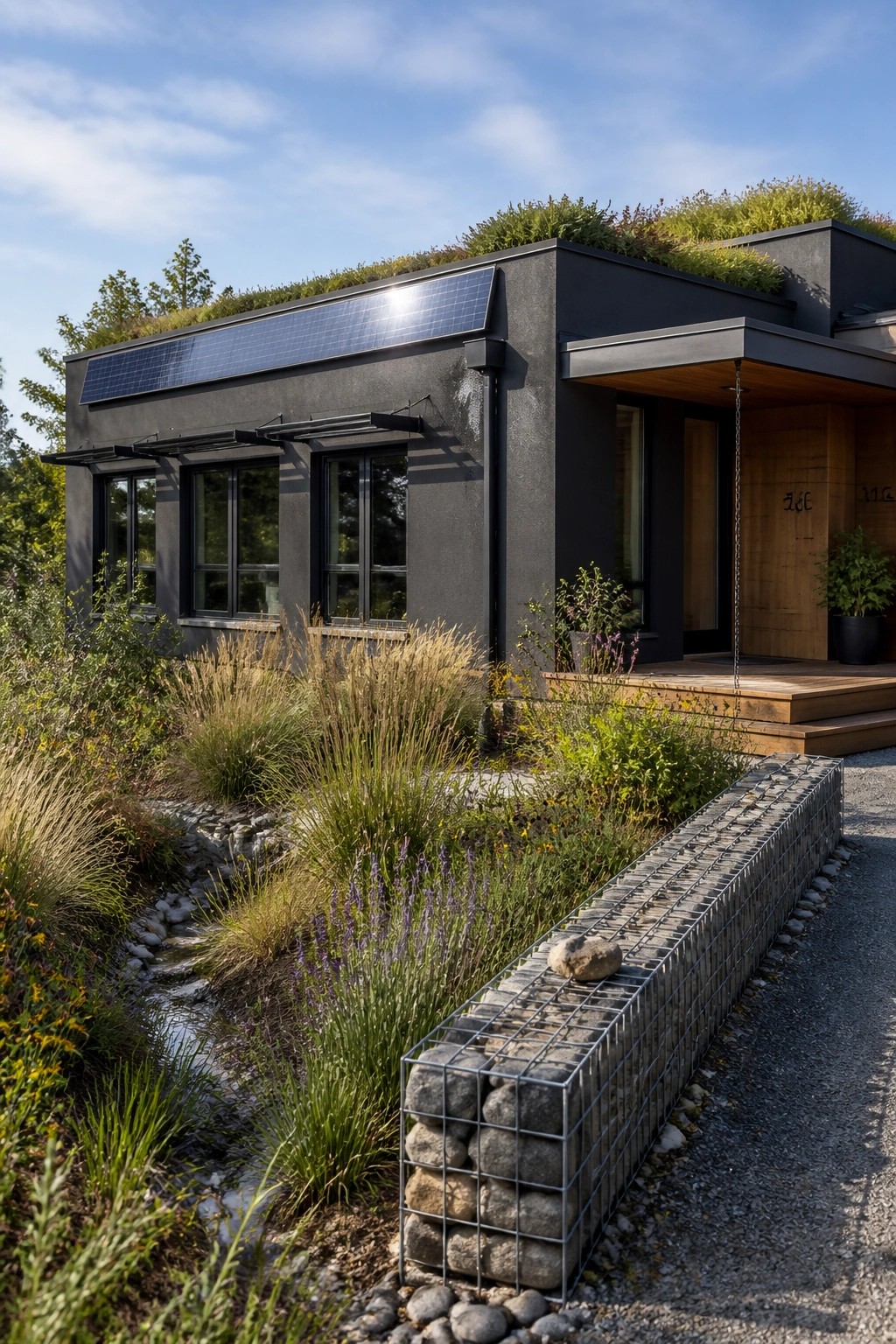 A modern dark-colored house with a flat roof covered in green plants and solar panels, featuring wood accents at the entrance and a gabion wall in the foreground garden.
