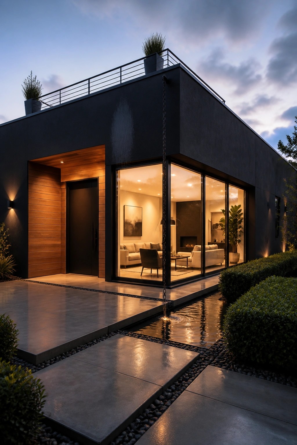 Modern black house with lit living room visible through large glass windows at dusk.