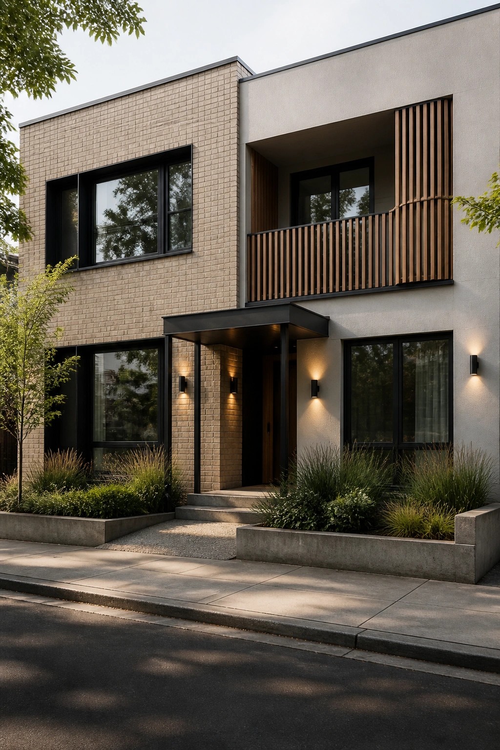 A modern two-story house with a flat roof, light brick and stucco exterior, black-framed windows, a second-floor balcony with vertical wood slats, and concrete planters with grasses along the front.