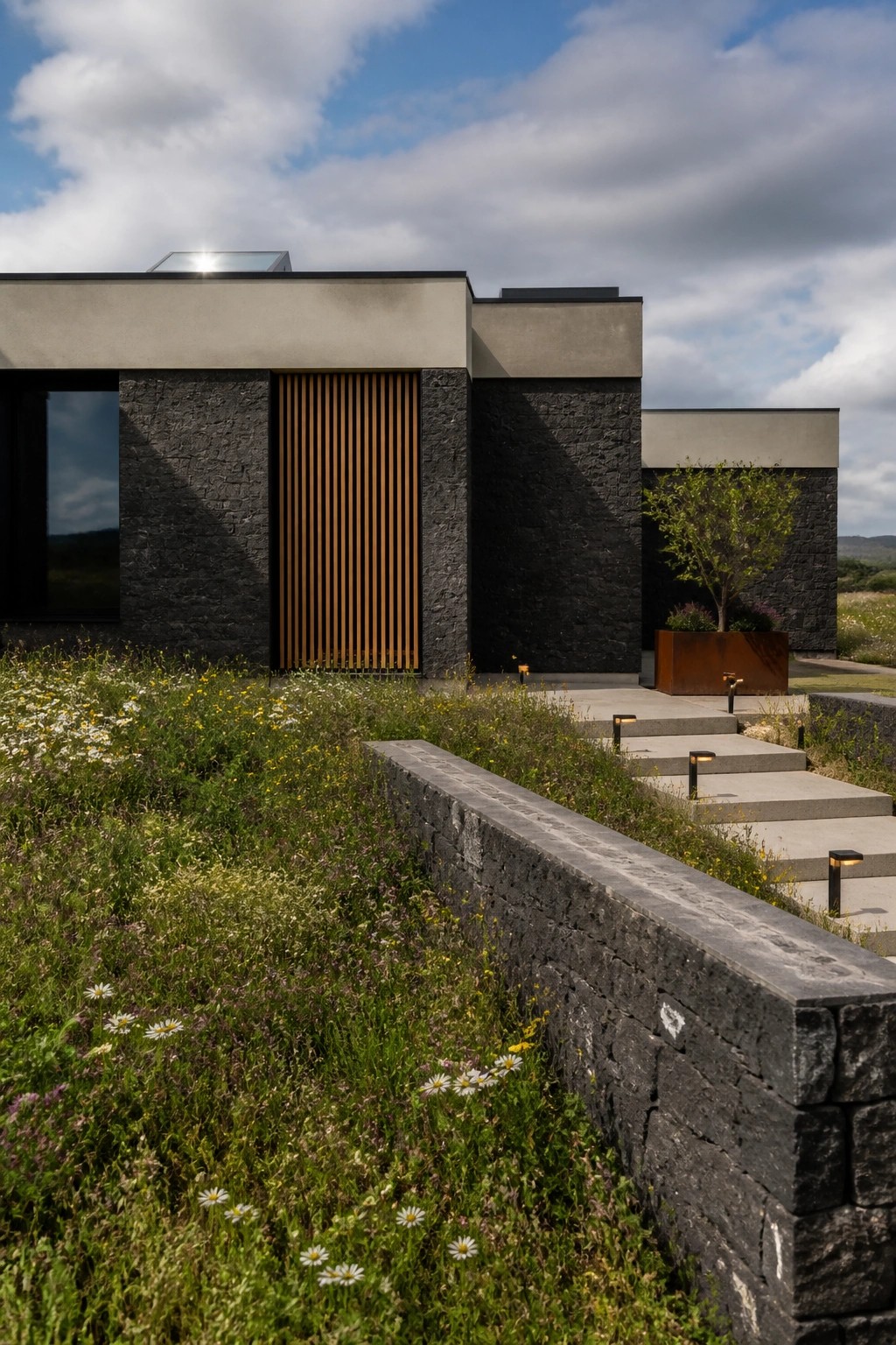 A modern flat-roof house with dark stone walls, vertical wood slats on the facade, concrete steps, and wildflower landscaping in the foreground.